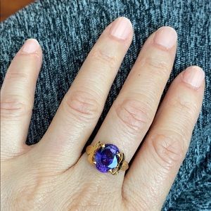 14K Solid Real Yellow Oval Purple Women Ring 6.5